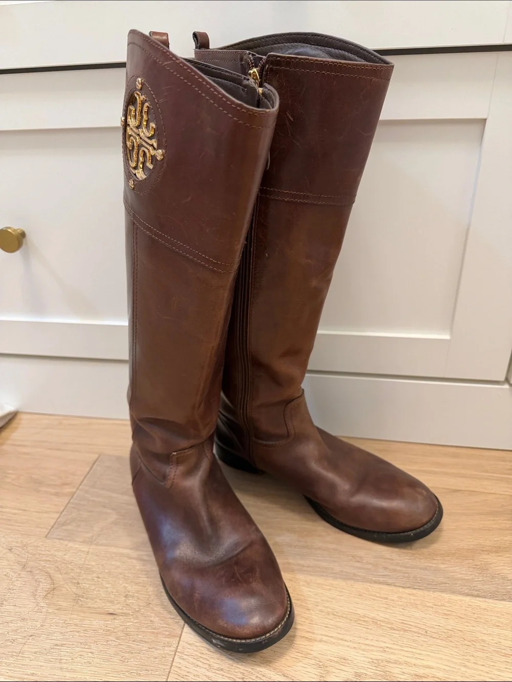 Tory Burch Kiernan Brown Leather Riding Boots with Gold Logo